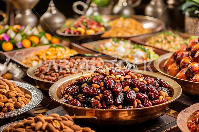 مكسرات وتمور صحية لذيذة، أطباق مليئة بالتمر والفواكه المجففة واللوز الطازجة، محاصيل زراعية ومنتجات محلية سعودية وطنية، ضيافة رمضانية شهية، غذاء صحي ومفيد، وجبة غذائية عالية الأهمية