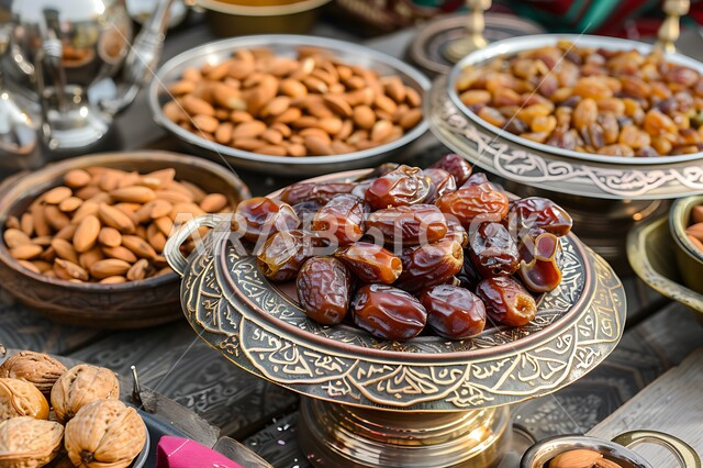 تمور ومكسرات صحية لذيذة، أطباق مليئة بالتمر والفواكه المجففة واللوز الطازجة، محاصيل زراعية ومنتجات محلية سعودية وطنية، ضيافة رمضانية شهية، غذاء صحي ومفيد، وجبة غذائية عالية الأهمية