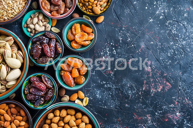 Highly nutritious meal, healthy and useful food, delicious Ramadan hospitality, delicious healthy nuts and dates, plates full of dates, dried fruits and fresh almonds, Saudi national agricultural crops and local products, black background
