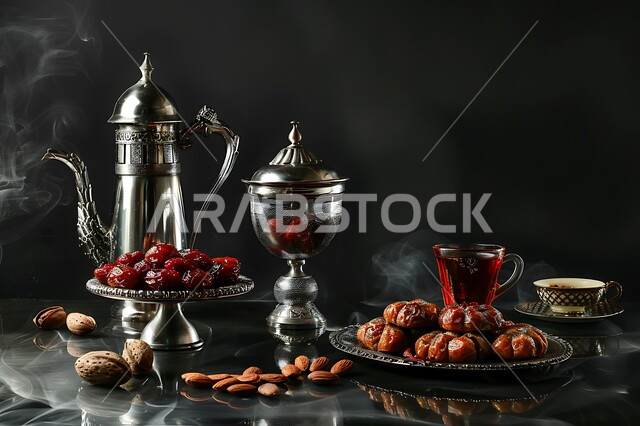 تمور ومكسرات صحية لذيذة، ضيافة ومشروبات ساخنة رمضانية شهية، غذاء صحي ومفيد، وجبة غذائية عالية الأهمية، منتجات ومحاصيل زراعية محلية سعودية وطنية، أطباق مليئة بالتمر والفواكه المجففة واللوز الطازجة، خلفية سوداء