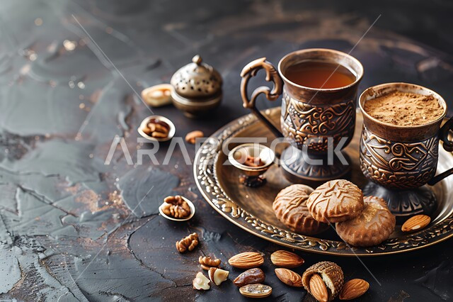 العادات العربية القديمة في الأعياد والمناسبات، الاستمتاع بالمشروبات الساخنة مع حلويات العيد، المحاصيل والمنتجات المحلية الوطنية، القهوة العربية مع قطع الحلوى اللذيذة والمكسرات، كرم الإستقبال و حسن الضيافه، خلفية سوداء