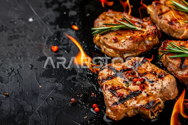  لحوم والكبب والكفتة على خلفية سوداء، وصفات الدجاج المشوية بنكهات سعودية متنوعة، أغذية وأطعمة صحية, وجبات اللحم الضأن الشهية الساخنة, مطاعم للمأكولات العربية الشرقية