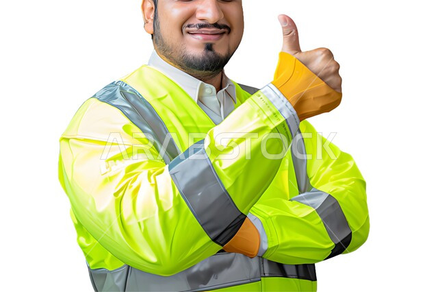 العمل في القطاع الهندسي، رفع اصبع الإبهام بعلامة الجودة، مفهوم الهندسة والانشاءات المعمارية، بورتريه مقرب لمهندس عربي خليجي سعودي يرتدي سترة الحماية مبتسم أمام الكاميرا بإيماءات السرور، مهن ووظائف سعودية، الإعمار بسواعد أبناء الوطن، خلفية بيضاء