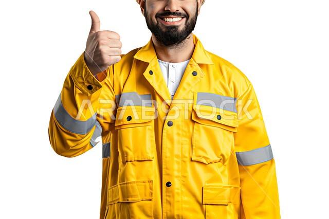 Thumbs up with quality sign, concept of engineering and architectural construction, close-up portrait of a Saudi Arabian Gulf engineer wearing a safety vest smiling at the camera with gestures of pleasure, working in the engineering sector, Saudi professions and jobs, construction by the hands of the sons of the homeland, white background