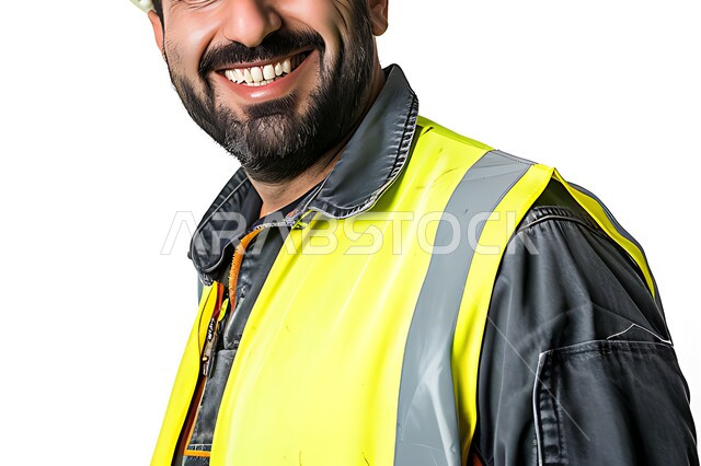 Concept of engineering and architectural construction, close-up portrait of a Saudi Arabian Gulf engineer wearing a life jacket smiling at the camera with gestures of pleasure, working in the engineering sector, Saudi professions and jobs, construction by the hands of the sons of the homeland, white background