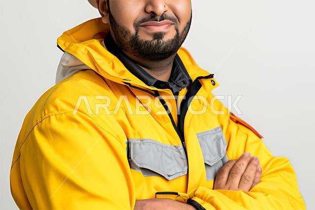 Standing with crossed hands, concept of engineering and architectural construction, close-up portrait of a Saudi Arabian Gulf engineer wearing a life jacket smiling at the camera with gestures of pleasure, working in the engineering sector, Saudi professions and jobs, construction by the hands of the sons of the homeland, white background