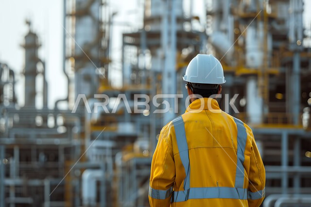 مراقبة سير عمل الآلات، متابعة عمليات الانتاج، مصانع ومعامل المملكة العربية السعودية، صورة مقربة من الخلف لمهندس صناعي عربي خليجي سعودي مبتسم يرتدي السترة وخوذة الحماية يقف داخل المصنع، وظائف ومهن هندسية شبابية