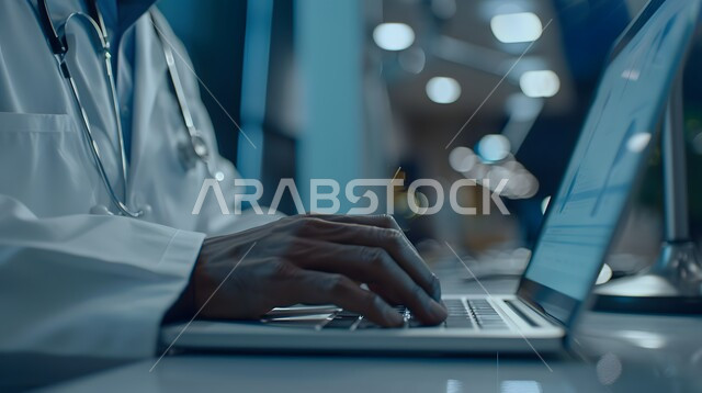  تقديم الاستشارات للمرضى عن بعد باستخدام الحاسوب المحمول، تطور القطاع الصحي في المملكة العربية السعودية، دمج التقنيات الحديثة والتكنولوجيا بمجال الطب, صورة مقربة ليدي طبيب عربي خليجي سعودي يرتدي المعطف الطبي ويضع سماعة الفحص حول عنقه، مفهوم الرعاية الصحية