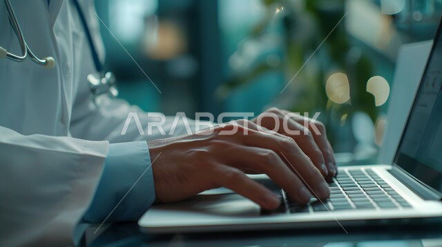 استخدام الحاسوب المحمول في تقديم الاستشارات للمرضى عن بعد، تطور القطاع الصحي في المملكة العربية السعودية، دمج التقنيات الحديثة والتكنولوجيا بمجال الطب, صورة مقربة ليدي طبيب عربي خليجي سعودي يرتدي المعطف الطبي ويضع سماعة الفحص حول عنقه، مفهوم الرعاية الصحية