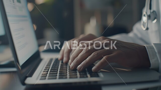 تطور القطاع الصحي في المملكة العربية السعودية، دمج التقنيات الحديثة والتكنولوجيا بالمجال الطبي، تقديم الاستشارات والنصائح للمرضى عن بعد, صورة مقربة ليدي طبيب عربي خليجي سعودي يرتدي المعطف الطبي ويضع سماعة الفحص حول عنقه يعمل على الحاسوب المحمول في العيادة