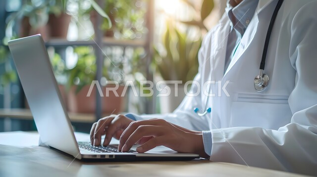 تقديم الاستشارات والنصائح للمرضى عن بعد, العمل في القطاع الصحي بالمملكة العربية السعودية, مفهوم الرعاية الصحية، صورة مقربة ليدي طبيب عربي خليجي سعودي يرتدي المعطف الطبي ويضع سماعة الفحص حول عنقه يعمل على الحاسوب المحمول في العيادة الطبية, دمج التكنولوجيا بالطب