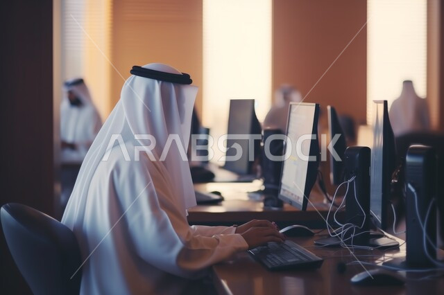 مهن ووظائف إدارية، بيئة عمل مريحة في الشركات الإماراتية، استخدام الأجهزة التقنية الحديثة في الأعمال المكتبية، مجموعة من الموظفين العرب الخليجيين الإماراتيين يجلسون على مكاتبهم أمام الحواسيب المحمولة