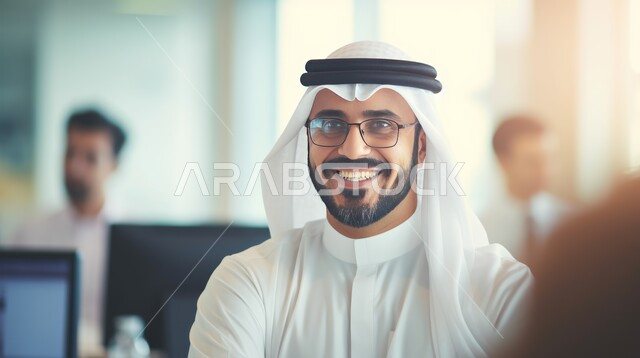 بيئة عمل مريحة في الشركات الإماراتية، مهن ووظائف إدارية، موظف عربي خليجي إماراتي مبتسم يرتدي الكندورة والغترة ينظر إلى الكاميرا بإيماءات البهجة والسرور عند إنجاز المهام