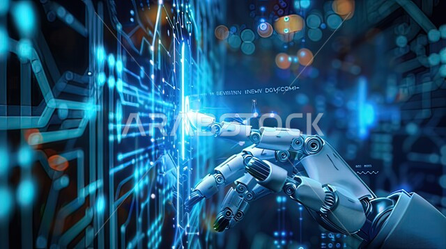 تقنيات الذكاء الاصطناعي, روبوت ذكي وحديث, رؤية مستقبلية سعودية 2030, صورة مقربة ليد رجل آلي عصري متطور يقوم بلمس شاشة الكترونية باللون الأزرق, تطور التحول الرقمي والتقدم التقني