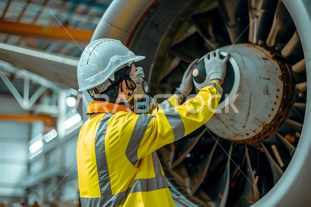 معامل وورشات الصيانة في المملكة العربية السعودية، أعمال الفحص والتشييك على أجزاء الطائرة, صورة مقربة من الخلف لميكانيكي يقوم بإصلاح محرك توربو ضخم، مركز ميكانيك لفحص الطائرات ومتابعة الصيانة الدورية