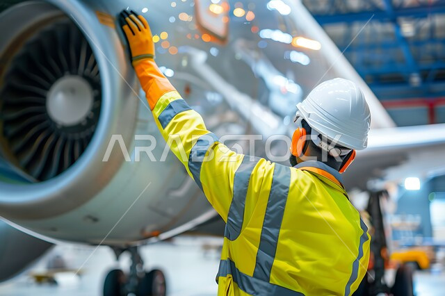 ورشات ومعامل الصيانة في المملكة العربية السعودية، أعمال الفحص والتشييك على أجزاء الطائرة, صورة مقربة من الخلف لميكانيكي يقوم بإصلاح محرك توربو ضخم، مركز ميكانيك لفحص الطائرات ومتابعة الصيانة الدورية