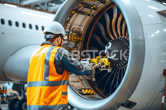 أعمال الفحص والتشييك على أجزاء الطائرة, ورشات ومعامل الصيانة في المملكة العربية السعودية، صورة مقربة من الخلف لميكانيكي يقوم بإصلاح محرك توربو ضخم، مركز ميكانيك لفحص الطائرات ومتابعة الصيانة الدورية