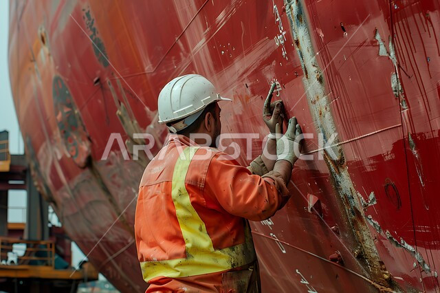 المعدات و الالات في المصنع, العمل في القطاع الهندسي الصناعي، أعمال ومهن هندسية شبابية، صورة مقربة من الخلف لمهندس عربي خليجي سعودي يرتدي خوذة الحماية يقوم بأعمال الإصلاح وصيانة السفن، معامل ومصانع سعودية