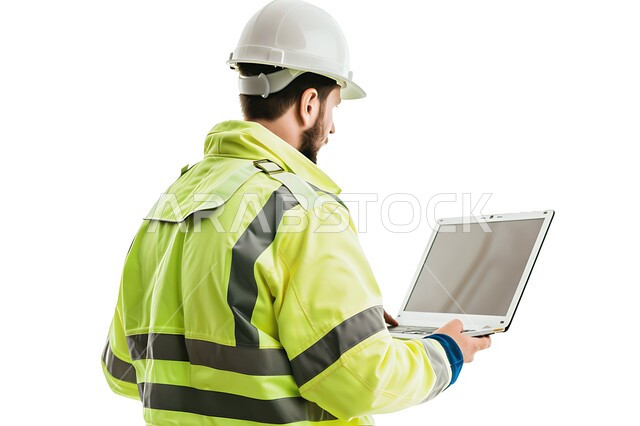 وظائف ومهن هندسية سعودية، الاهتمام بشؤون العمل، استخدام الأجهزة التقينة الحديثة في المجال الهندسي، بورتريه مقرب من الخلف لمهندس عربي خليجي سعودي يرتدي سترة وخوذة الحماية يحمل بيده جهاز الحاسوب المحمول، خلفية بيضاء