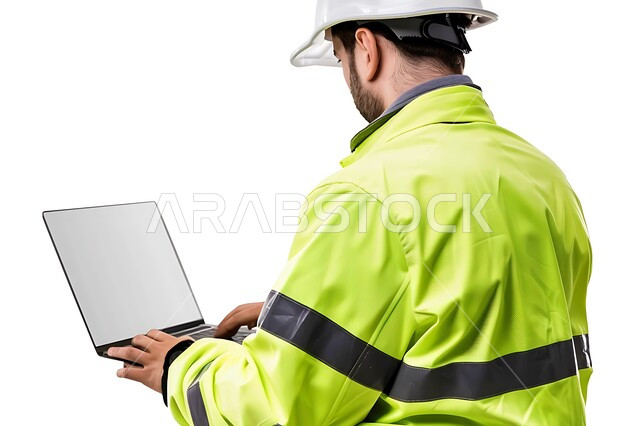 مهن ووظائف هندسية سعودية، الاهتمام بشؤون العمل، استخدام الأجهزة التقينة الحديثة في المجال الهندسي، بورتريه مقرب من الخلف لمهندس عربي خليجي سعودي يرتدي سترة وخوذة الحماية يحمل بيده جهاز الحاسوب المحمول، خلفية بيضاء