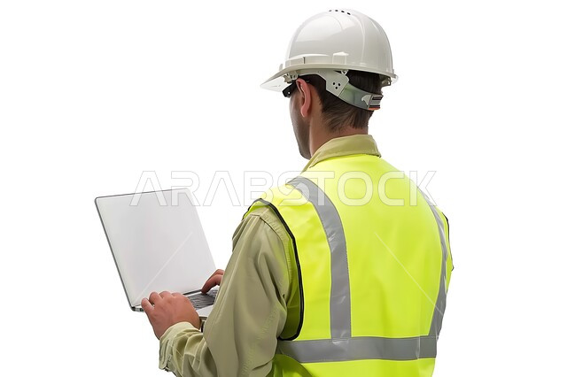 الاهتمام بشؤون العمل، استخدام الأجهزة التقينة الحديثة في المجال الهندسي، بورتريه مقرب من الخلف لمهندس عربي خليجي سعودي يرتدي سترة وخوذة الحماية يحمل بيده جهاز الحاسوب المحمول، مهن ووظائف هندسية سعودية، خلفية بيضاء