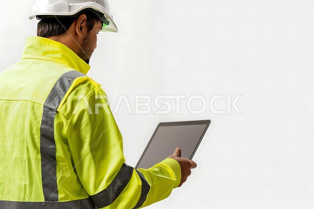Using modern technical devices in the engineering field, close-up portrait from the back of a Saudi Arabian Gulf engineer wearing a protective jacket and helmet holding a laptop in his hand, taking care of business affairs, Saudi engineering professions and jobs, white background