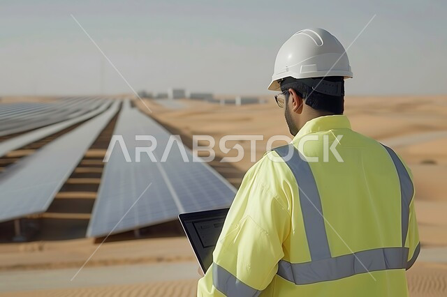 توليد الكهرباء باستخدام الطاقة البديلة، محطات الطاقات المتجددة، الواح وستلايت انتاج الطاقة الكهروضوئية, صورة مقربة من الخلف لمهندس عربي خليجي سعودي يرتدي الخوذة وسترة الحماية يحمل بيده الحاسوب المحمول يقوم بالاطلاع على المخططات لهندسية لتركيب الألواح الشمسية