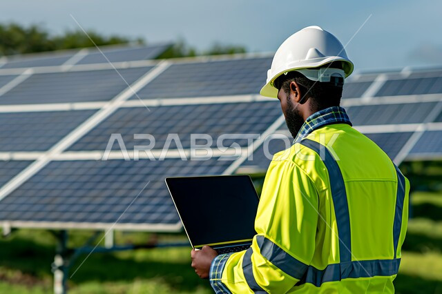 محطات الطاقات المتجددة، الواح وستلايت انتاج الطاقة الكهروضوئية, صورة مقربة من الخلف لمهندس عربي خليجي سعودي يرتدي الخوذة وسترة الحماية يحمل بيده الحاسوب المحمول يقوم بالاطلاع على المخططات لهندسية لتركيب الألواح الشمسية, توليد الكهرباء باستخدام الطاقة البديلة