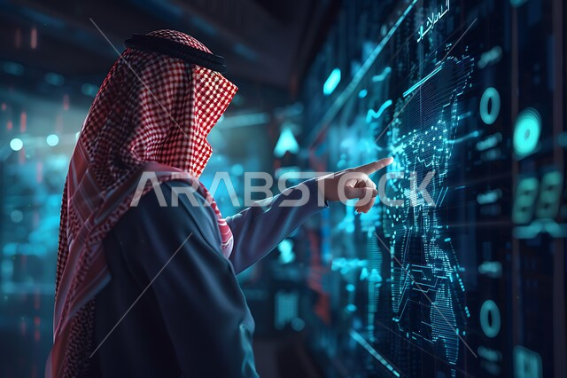 تحقيق الثورة الصناعية، رموز رقمية هولوجرامية، رجل عربي خليجي سعودي يرتدي الثوب التقليدي والشماغ يقوم بالنقر على رسومات ثلاثية الأبعاد، الابتكار والعلوم وتكنولوجيا الذكاء الاصطناعي, رؤية سعودية 2030، العمل بمخططات تقنية
