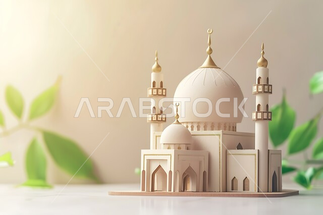 أجواء رمضانية روحانية، الاعياد والمناسبات الدينية، مجسم ثلاثي الابعاد لمسجد على الطراز الاسلامي، العبادة والتقرب الى الله في شهر رمضان المبارك، بطاقة تهنئة المسلمين بقدوم العيد، ديكورات وزينة وتصاميم اسلامية دينية فاخرة، خلفية بيج