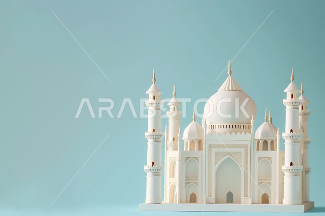 الاعياد والمناسبات الدينية، مجسم ثلاثي الابعاد لمسجد على الطراز الاسلامي، العبادة والتقرب الى الله في شهر رمضان المبارك، أجواء رمضانية روحانية، بطاقة تهنئة المسلمين بقدوم العيد، ديكورات وزينة وتصاميم اسلامية دينية فاخرة، خلفية زرقاء