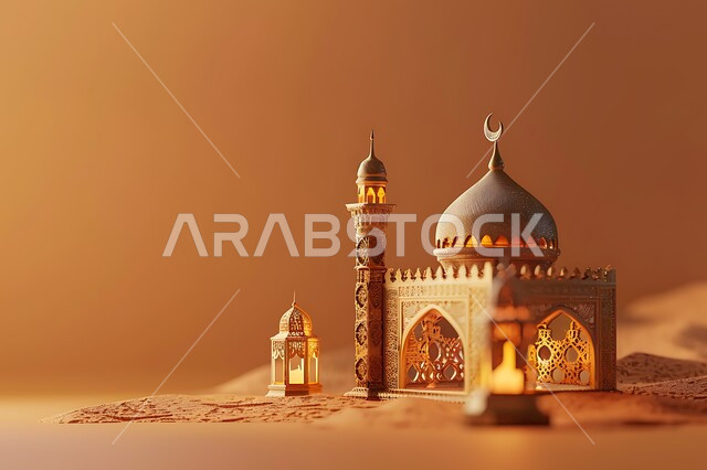 مجسم ثلاثي الابعاد لمسجد على الطراز الاسلامي، الاعياد والمناسبات الدينية، العبادة والتقرب الى الله في شهر رمضان المبارك، أجواء رمضانية روحانية، بطاقة تهنئة المسلمين بقدوم العيد، ديكورات وزينة وتصاميم اسلامية دينية فاخرة، خلفية بنية