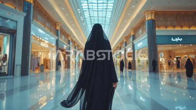 الاستفادة من العروض الموسمية في الأسواق، الترويج لماركات عالمية فاخرة، متعة التسوق في المولات التجارية، صورة من الخلف لامرأة عربية خليجية سعودية محجبة ترتدي عباءة سوداء تتجول في المول
