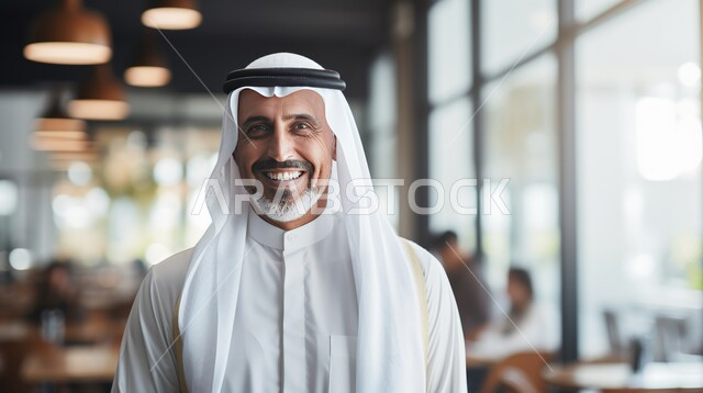  قضاء بعض الوقت في الراحة والاسترخاء، ارتياد الكافيهات والمطاعم في المملكة العربية السعودية, الحصول على مشروبات وسناكات لذيذة منعشة, الوقوف والنظر للكاميرا بإيماءات السعادة والثقة بالنفس, رجل عربي خليجي سعودي مبتسم يرتدي الثوب التقليدي والغترة