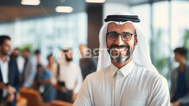 ارتياد الكافيهات والمطاعم في المملكة العربية السعودية, الحصول على مشروبات وسناكات لذيذة منعشة, الوقوف والنظر للكاميرا بإيماءات السعادة والثقة بالنفس, رجل عربي خليجي سعودي مبتسم يرتدي الثوب التقليدي والغترة, قضاء بعض الوقت في الراحة والاسترخاء 
