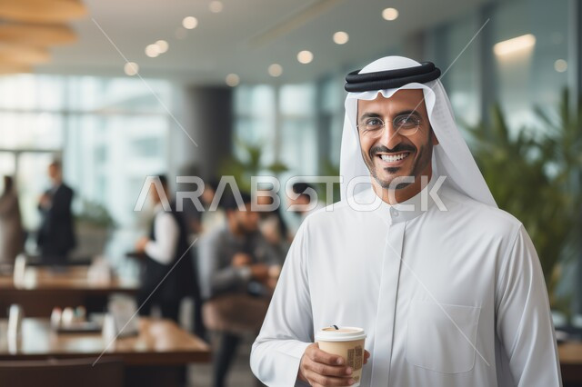 Getting delicious, refreshing drinks and snacks, standing and looking at the camera with gestures of happiness and self-confidence, a smiling Saudi Gulf Arab man wearing a traditional thobe and ghutra, going to cafes and restaurants in the Kingdom of Saudi Arabia, spending some time resting and relaxing
