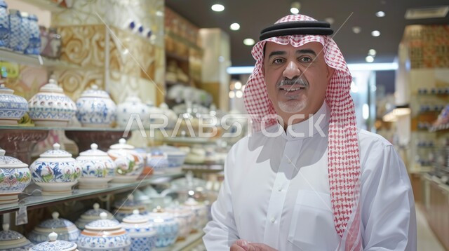 إيماءات السعادة والسرور, مفهوم الأناقة والرجولة, العناية والاهتمام بالمظهر الخارجي، صورة مقربة لرجل عربي سعودي خليجي مبتسم يرتدي الشماغ والثوب التقليدي ينظر إلى الكاميرا يقف في إحدى المتاجر التجارية، قضاء أوقات ممتعة في التسوق