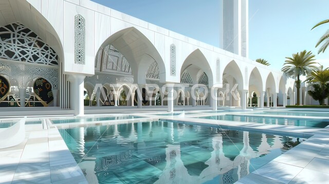 الفن الهندسي المعماري لمسجد عربي عريق، التصاميم والديكورات الخارجية والداخلية الأنيقة للمساجد باللون الأبيض، النقوش والزخارف للاعمدة والاقواس على الطراز الاسلامي، مفهوم العبادة والتقرب إلى الله تعالى 