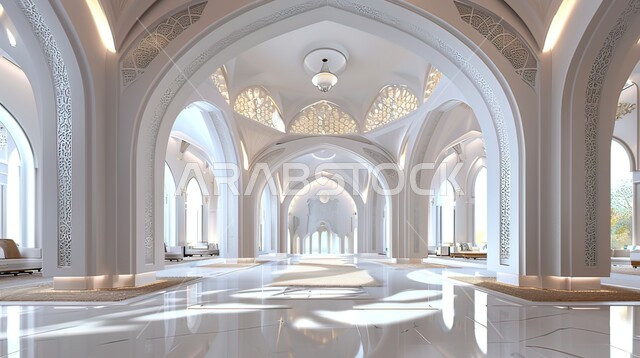 التصاميم والديكورات الداخلية الأنيقة للمساجد باللون الأبيض، النقوش والزخارف للاعمدة والاقواس على الطراز الاسلامي، مفهوم العبادة والتقرب إلى الله تعالى, الفن الهندسي المعماري لمسجد عربي عريق