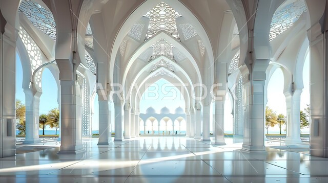 النقوش والزخارف للاعمدة والاقواس على الطراز الاسلامي، مفهوم العبادة والتقرب إلى الله تعالى, الفن الهندسي المعماري لمسجد عربي عريق، التصاميم والديكورات الداخلية الأنيقة للمساجد باللون الأبيض