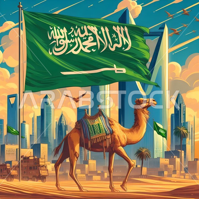 Passing on the love of raising livestock to children, commemorating Saudi National Day September 23, pride in the nation's achievements and culture, Flag Day March 11, purebred Arabian camel in the desert, raising the green Saudi flag with the sword of power and the word of monotheism, background of the famous Riyadh towers