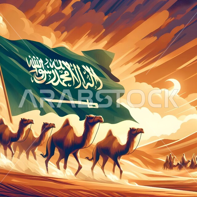 Pride in the achievements of the nation and its culture, commemorating the Saudi National Day September 23, Flag Day March 11, a herd of purebred Arabian camels in the desert, inheriting the love of raising livestock to children, background of the green Saudi flag with the sword of power and the word of monotheism