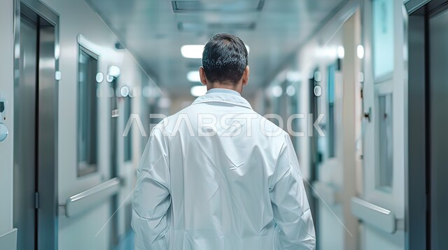 الانطلاق إلى قسم الاسعاف والطوارئ لتقديم المساعدة بشكل عاجل, صورة من الخلف لطبيب عربي خليجي سعودي يرتدي المعطف الطبي ويمشي في ممر المستشفى, التوجه نحو غرفة العمليات والجراحة، الذهاب إلى غرف المرضى والاطمئنان على صحتهم, العمل في مجال الطب والرعاية الصحية 