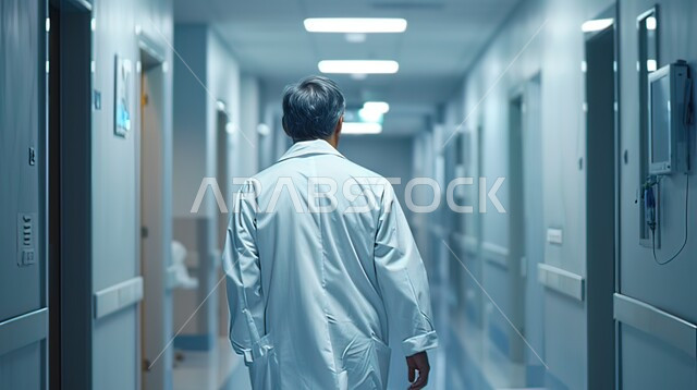 الذهاب إلى غرف المرضى والاطمئنان على صحتهم, العمل في مجال الطب والرعاية الصحية, صورة من الخلف لطبيب عربي خليجي سعودي يرتدي المعطف الطبي ويمشي في ممر المستشفى, التوجه نحو غرفة العمليات والجراحة, الانطلاق إلى قسم الاسعاف والطوارئ لتقديم المساعدة بشكل عاجل