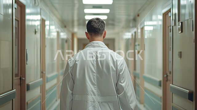 التوجه نحو غرفة العمليات والجراحة, العمل في مجال الطب والرعاية الصحية, صورة من الخلف لطبيب عربي خليجي سعودي يرتدي المعطف الطبي ويمشي في ممر المستشفى, الذهاب إلى غرف المرضى والاطمئنان على صحتهم, الانطلاق إلى قسم الاسعاف والطوارئ لتقديم المساعدة بشكل عاجل