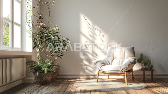 ديكور داخلي أنيق وبسيط لغرفة معيشة في السعودية, دخول ضوء الشمس عبر النوافذ الزجاجية الكبيرة, التصاميم الحديثة الراقية للمنازل والشقق السكنية في المملكة, استخدام الاكسسوارات التقليدية ونباتات الزينة المنزلية