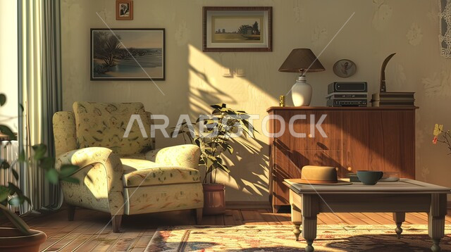 التصاميم الحديثة الراقية للمنازل والشقق السكنية في المملكة, دخول ضوء الشمس عبر النوافذ الزجاجية الكبيرة, ديكور داخلي أنيق وبسيط لغرفة معيشة في السعودية, استخدام الاكسسوارات التقليدية ونباتات الزينة المنزلية