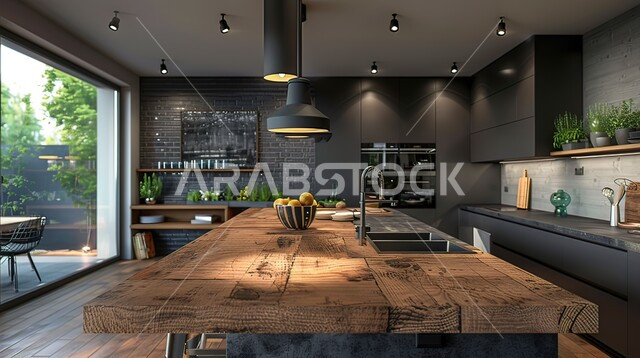 شقق وفلل سكنية راقية في السعودية، استخدام الطراز الفني الانيق في الأثاث المنزلي، مطبخ بديكورات داخلية عصرية فاخرة باللون الأسود، فنون الهندسة المعمارية المتميزة الحديثة