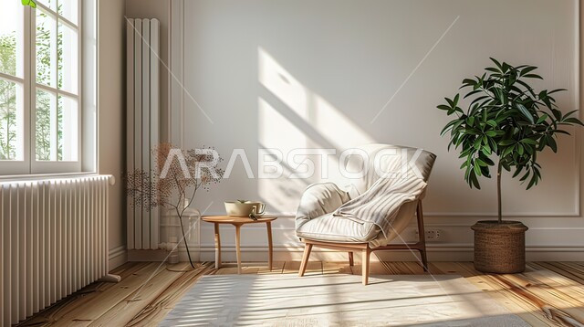 دخول ضوء الشمس عبر النوافذ الزجاجية الكبيرة, ديكور داخلي أنيق وبسيط لغرفة معيشة في السعودية, التصاميم الحديثة الراقية للمنازل والشقق السكنية في المملكة, استخدام الاكسسوارات التقليدية ونباتات الزينة المنزلية