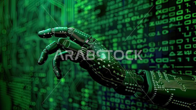 The development of artificial intelligence techniques, a background of binary coding algorithm arrays, an automated robot hand that penetrates optical codes and holographic shapes, a Saudi future vision 2030, digital transformation and rapid technical progress